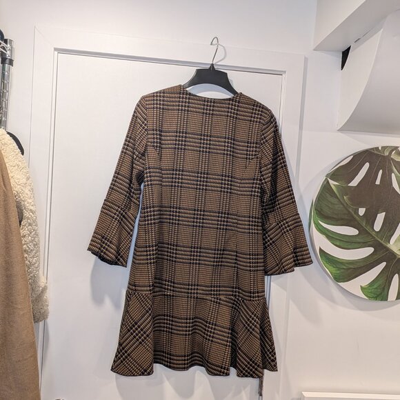 CAbi Tartan Flounce Jacket Tan Navy Ruffle Zipper Longline - Women's sz S /M - Picture 7 of 7